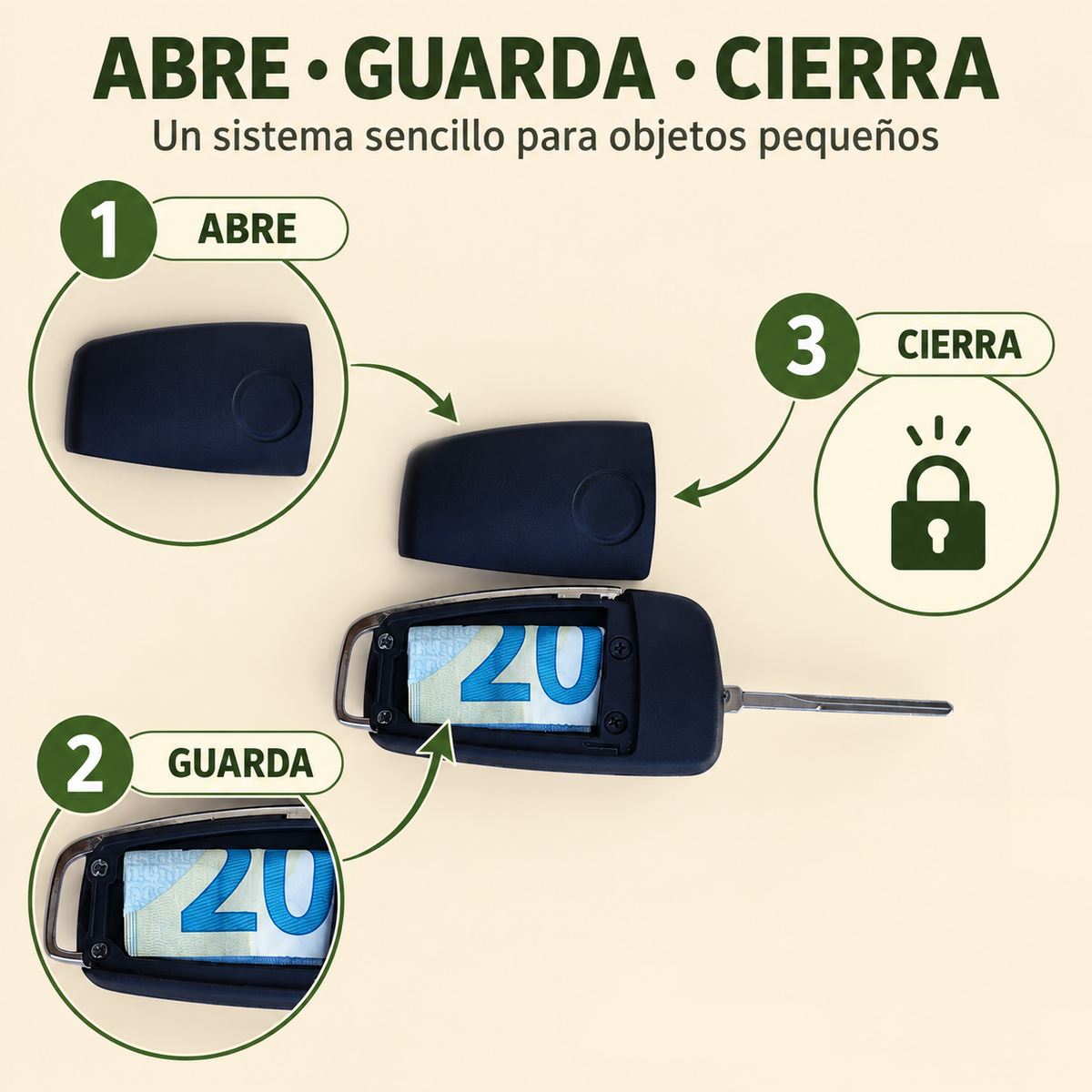 Abre, guarda y cierra el compartimento oculto
