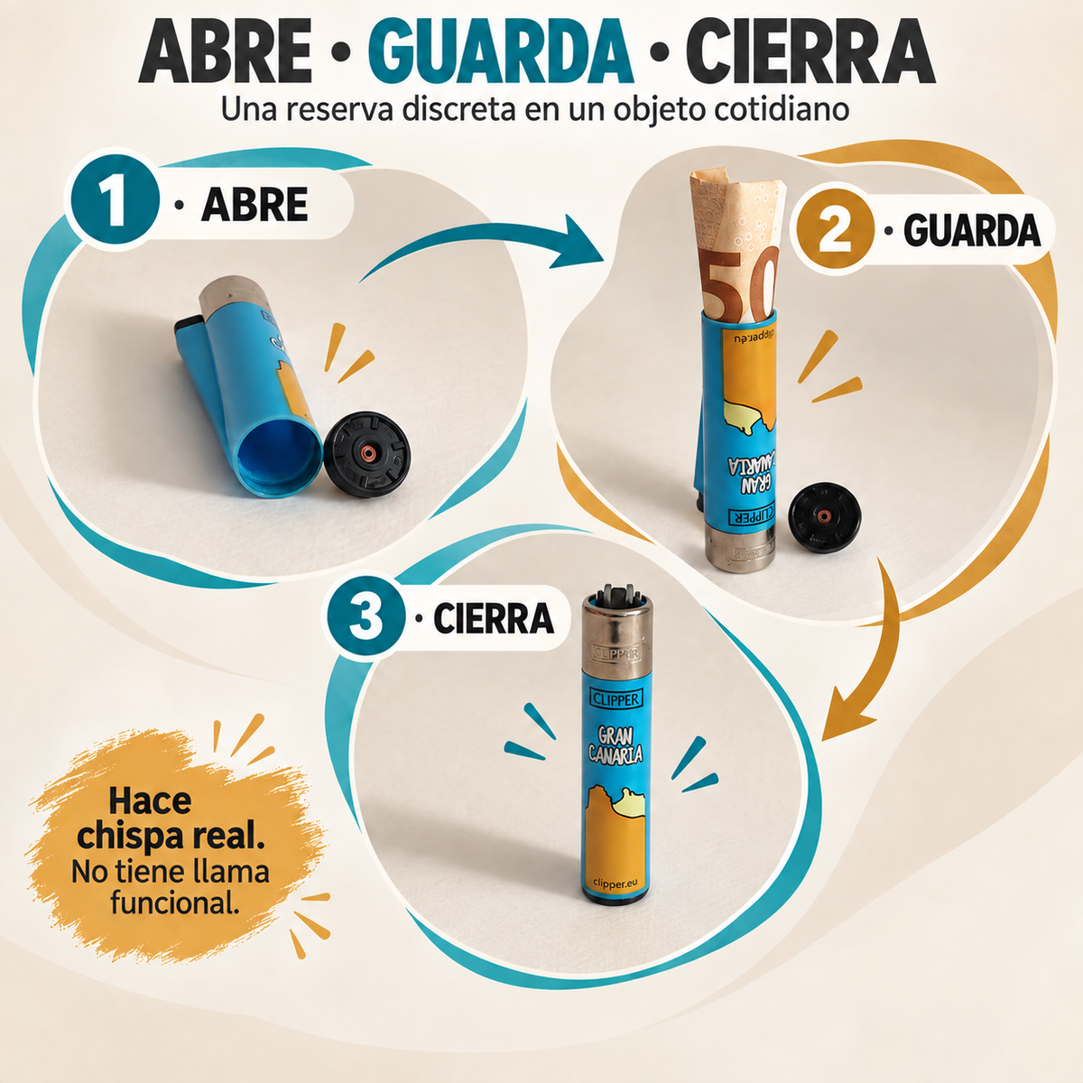 Abre, guarda y cierra el compartimento oculto del mechero