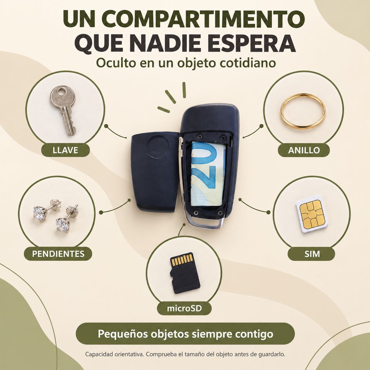 Compartimento oculto con objetos orientativos: llave, anillo, pendientes, SIM, microSD
